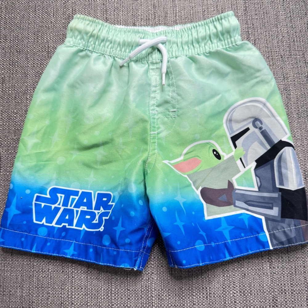 Star Wars The Mandalorian Grogu Baby Yoda Swim Trunks Toddler Boys 2T Blue Green